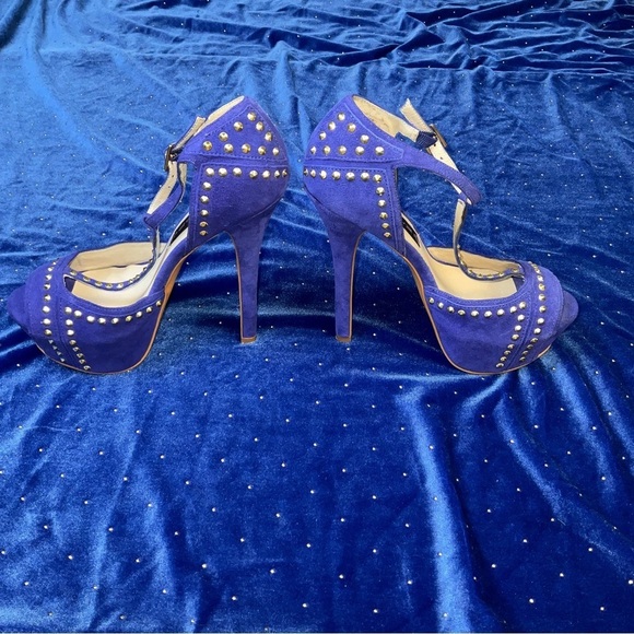 STEVEN by Steve Madden Blue Suede Studded Platform High Heels - Size 6.5 - Picture 4 of 5